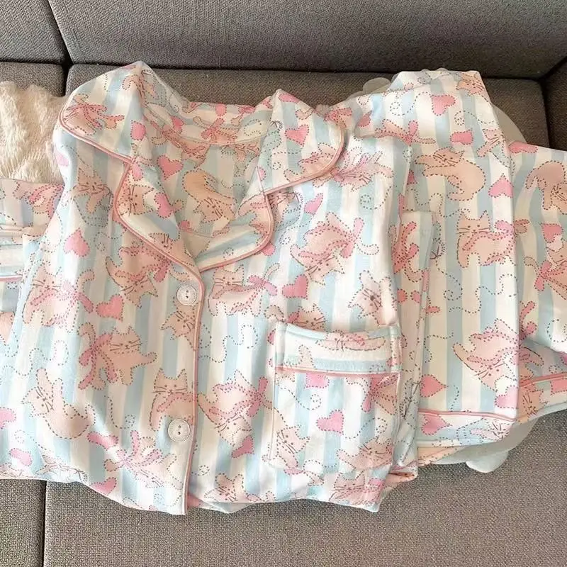Pink Cat Stripe Women Pajamas Leisure Homewear Cartoon Sleepwear for Girls 3 Pieces Pijama Set Party Pyjama Kawaii Nightgowns