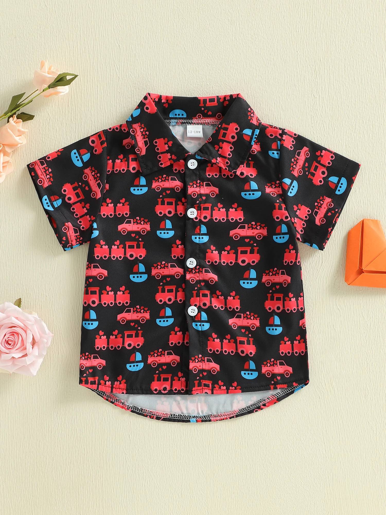 Boys Valentine s Day Short Sleeve Shirt with Cute Car Print and Turn Down Collar for Toddler Boys