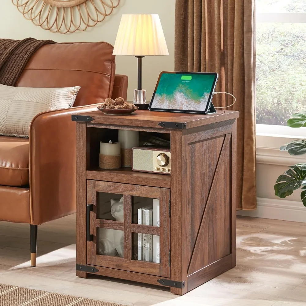 

Walnut Side Table Rustic End Table With Tempered Glass Barn Door Free Shipping Farmhouse Nightstand With Charging Station Coffee