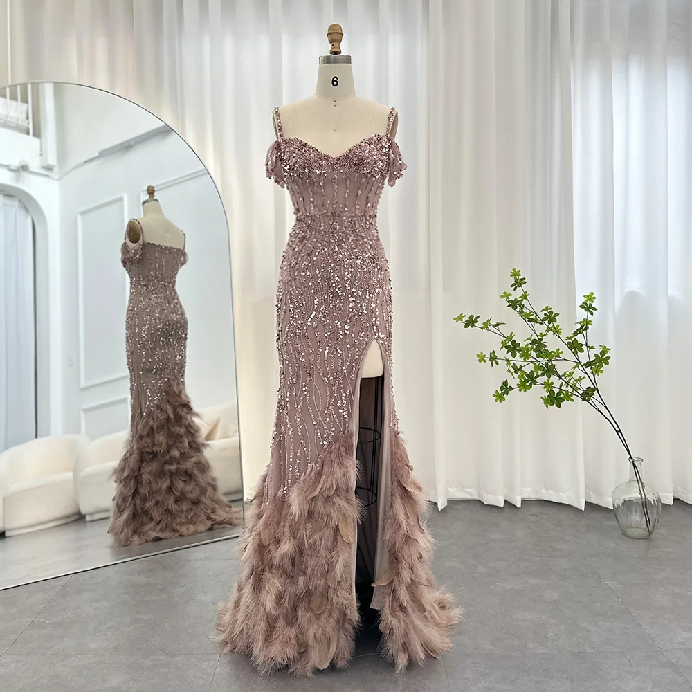 Fairy Pink Strapless Sequins Feathers Mermaid Evening Dress,Slit Prom Dress Y8660