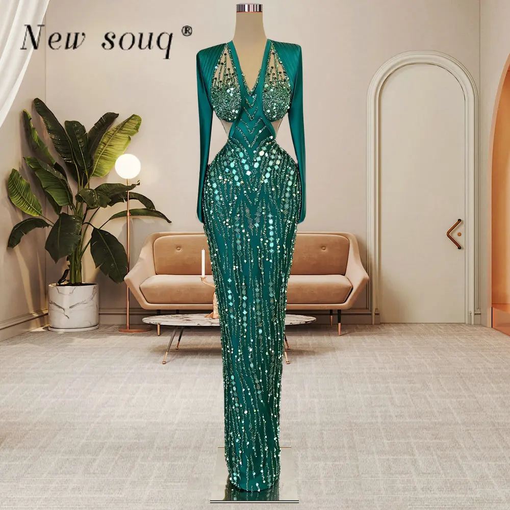 

Dubai Green Luxury Muslim Long Sleeves Evening Dresses Arabic V Neck Mirror Crystals Formal Wedding After Party Wear Gowns