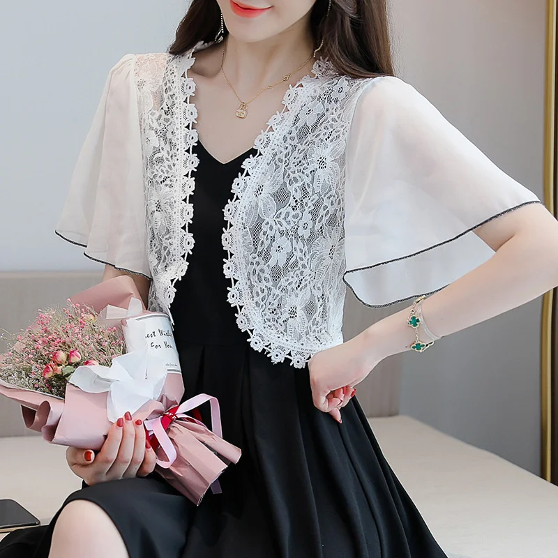 3506 기모노 짧은 여름 코트, 얇은 자외선 차단 코트, 레이스 코트, 여성 쉬폰 소매 가디건 코트, 얇은 섹시 블랙 화이트