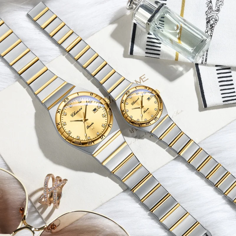 CHENXI 640 Couple Quartz Watches Elegant Diamond Dial Watch Calendar Luminous Men Women Casual Wristwatch