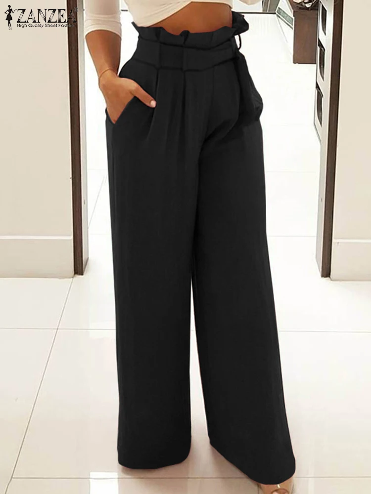 fartey Lightning Deals of Today Wide Leg Pants for Women 2023 High Paperbag  Waist Solid Color Slim Trousers with Waist Tie Pockets Lounge Vacation