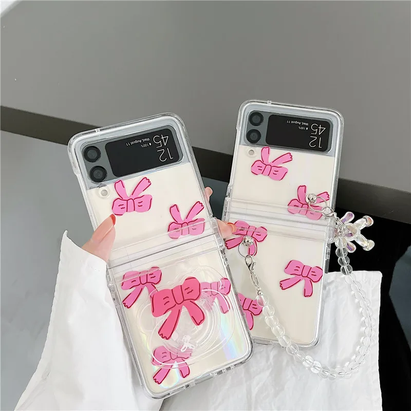 

Pink Butterfly Knot Holder Phone Cases For Samsung Galaxy Z Flip 3 4 Hard Plastic 3 in 1 Full Cover Case For Samsung Z Flip3 5G