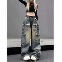 American Retro Design Multi-Pocket Work Pants Women's Wide Leg Jeans Loose Trendy Spring Autumn Mid Waist Denim Trousers