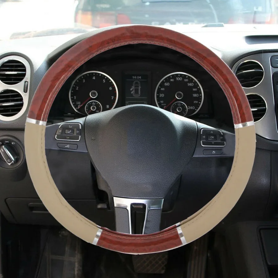 

1Pc 37-40cm Beige Anti-Slip High Quality Auto Car Wood Grain Steering Wheel Covers Syn Leather Embossed Interior Car Accessories
