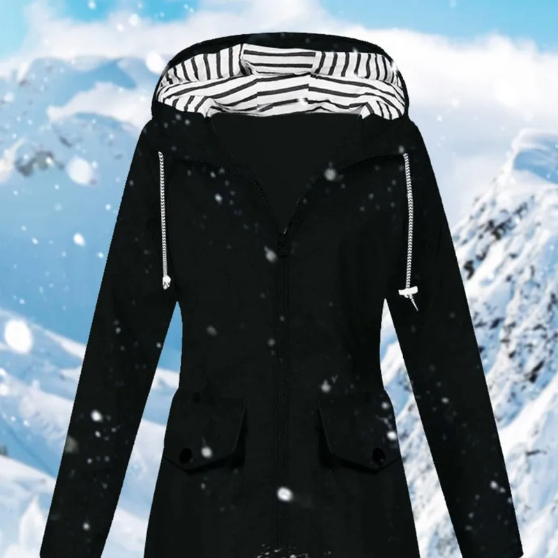 Autumn and Winter Women's Solid Color Spliced Long Sleeve Striped Midi Hooded Slim Zipper Pockets Fashion Casual Formal Tops