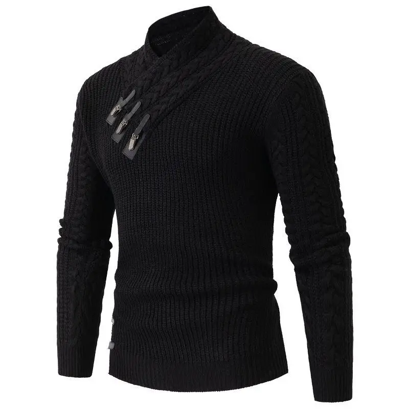 Autumn Winter Men's Half High Collar Long Sleeve Sweater Knitted Top Fashion Retro Slim Fit Warm Knit Pullover Sweater