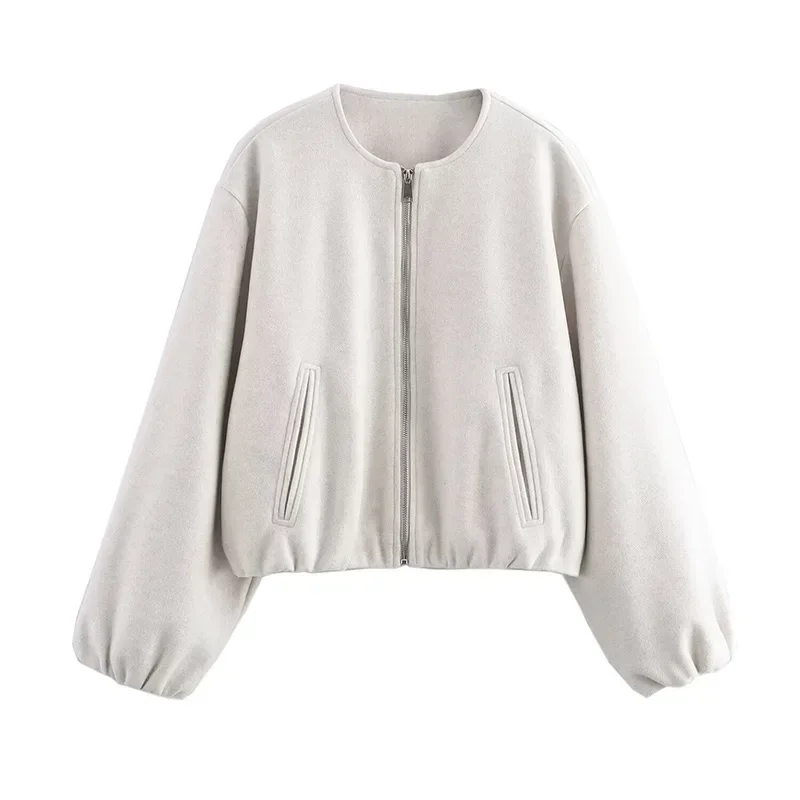 Retro Solid Woolen Women's Bomber Jacket Long Lantern Sleeves Pockets O-neck Loose Female Coat Autumn High Street Outwears