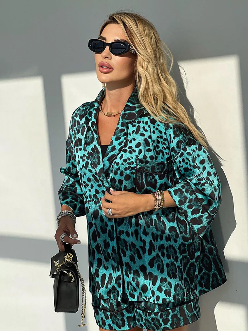 Marthaqiqi Leopard Print Women Pajama Suit Three Quarter Sleeve Sleepwear Turn-Down Collar Nightwear Shorts Femme Nightgowns Set