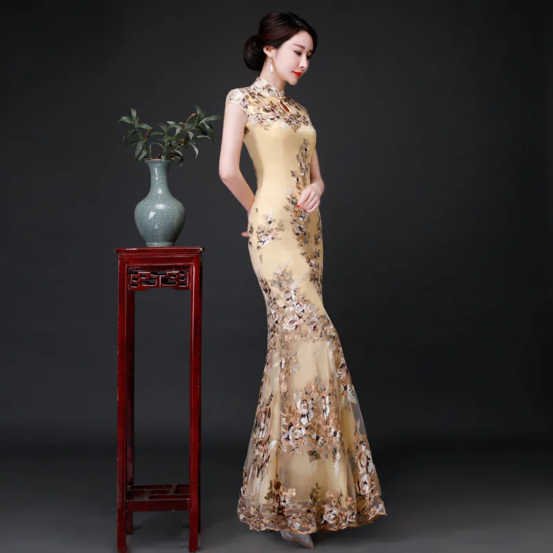 Oversize 3XL Chinese Sexy Embroidery Oriental Party Female Cheongsam Stage Show Qipao Dress Elegant Celebrity Banquet Dresses