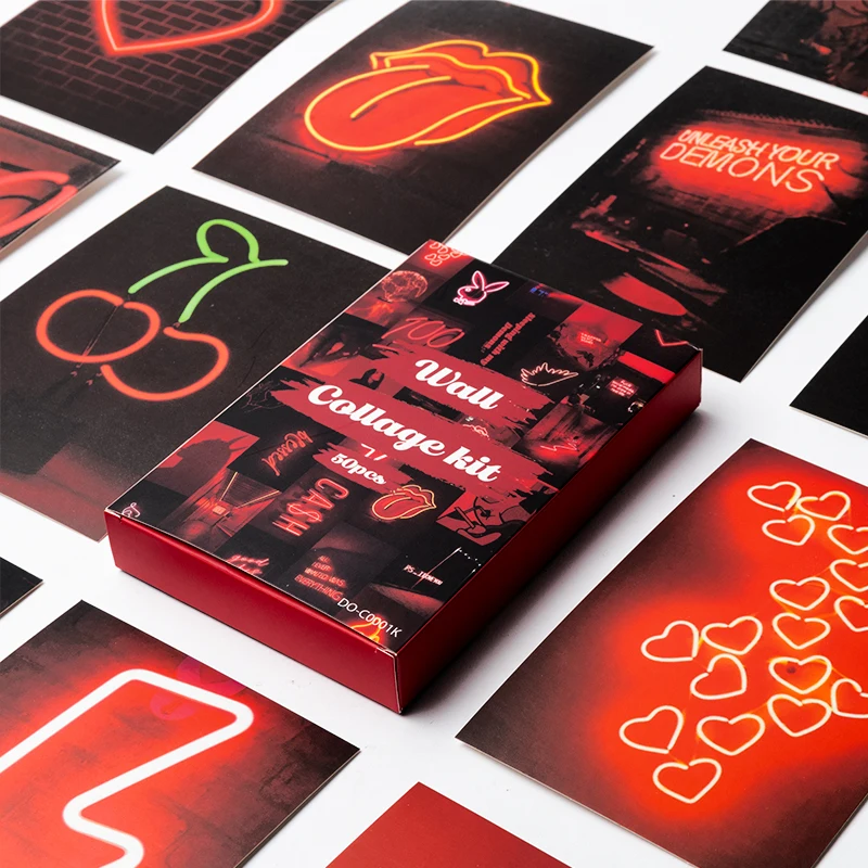 50Pcs Red Neon Print Poster Collage Cards Set Retro Cardboard Red Neon Wall Collage Poster Decor for Home Bar Bedroom Dormitory