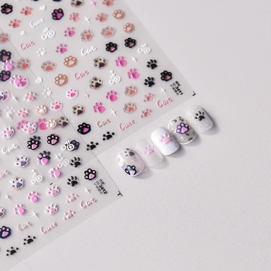 Cat Paw 5D Embossed Pink Jelly Nail Art Stickers – Cute Cartoon Self-Adhesive Decals