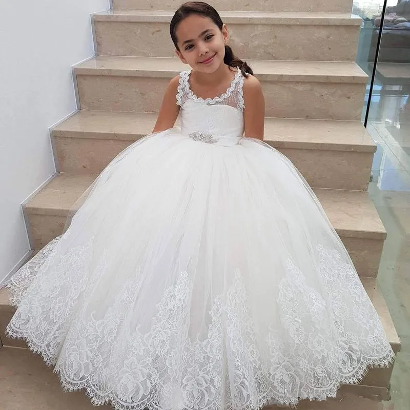 

White Ivory Flower Girl Princess Dress Lace Appliques Tulle Floor Length Kids Ceremony First Communion Party Ball Gown