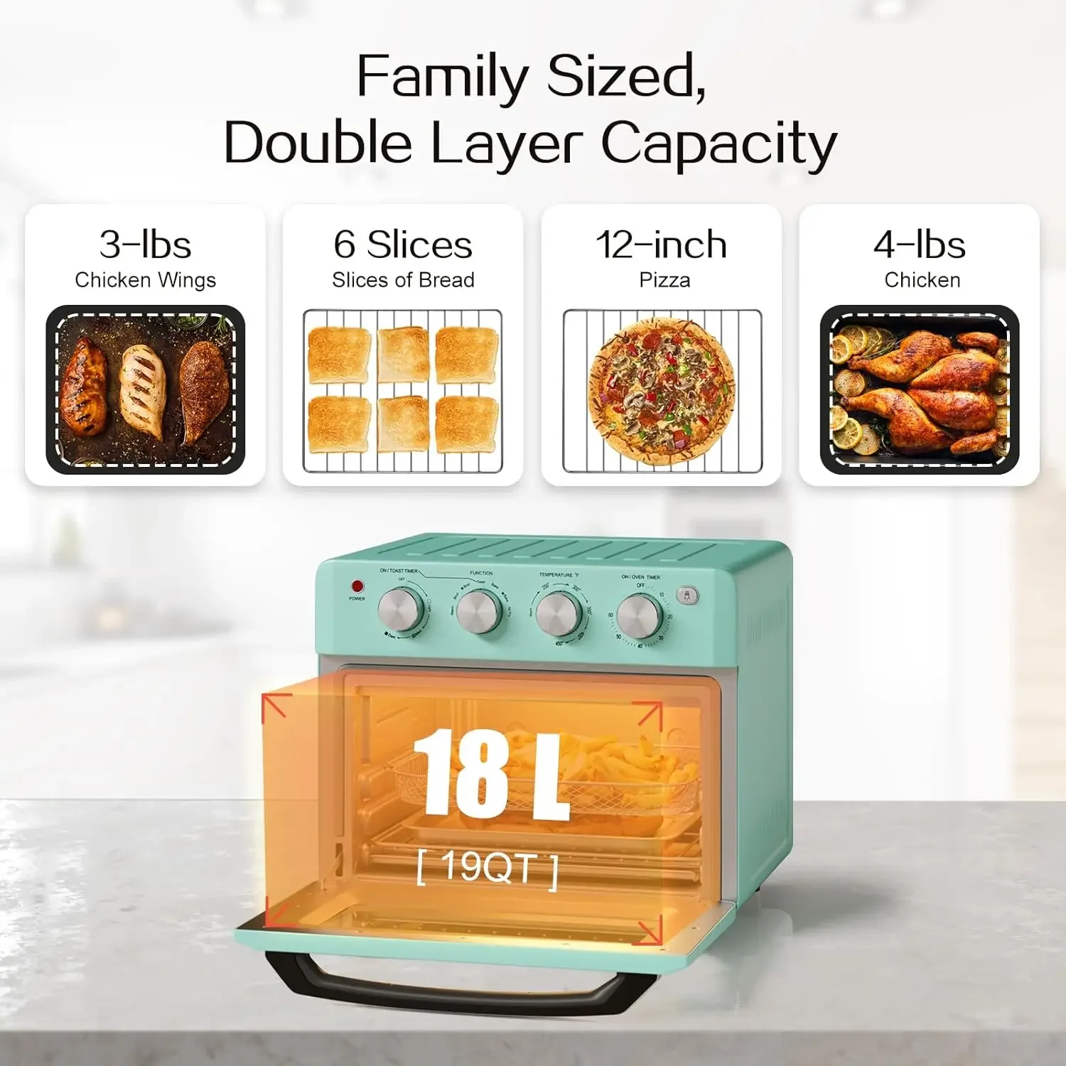 Retro Toaster oven - 19QT Air Fryer Oven & Toasters Combo, Large 7 in 1 Convection Oven for Family Use, 360° Even & Healthy Cook 5