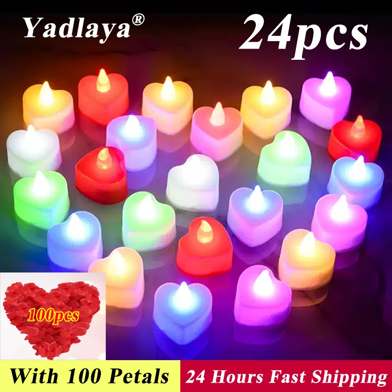 24PCSHeartShapeLEDCandleLight100PCSRosePetalFlamelessRomantic