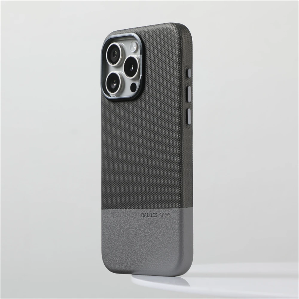 Elegant Two-Tone Leather Case with MagSafe and Alloy Lens Cover