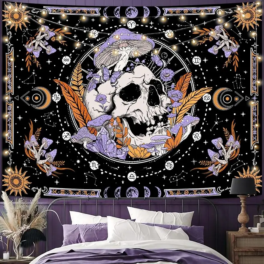 

Aipon Purple Skull Tapestry Skeleton Mushroom Floral Flower Aesthetic Bedroom Tapestries Hippie Nature Plant Wall Hanging