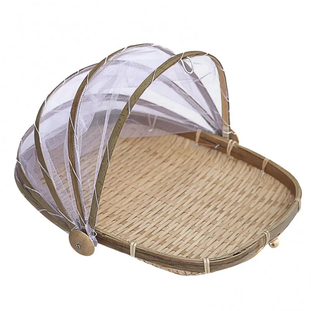 Bamboo Woven Storage Basket Mesh Handmade Food Fruit Anti Flies Net Cover Tent Sundry Container Kitchen Storage Tray 6