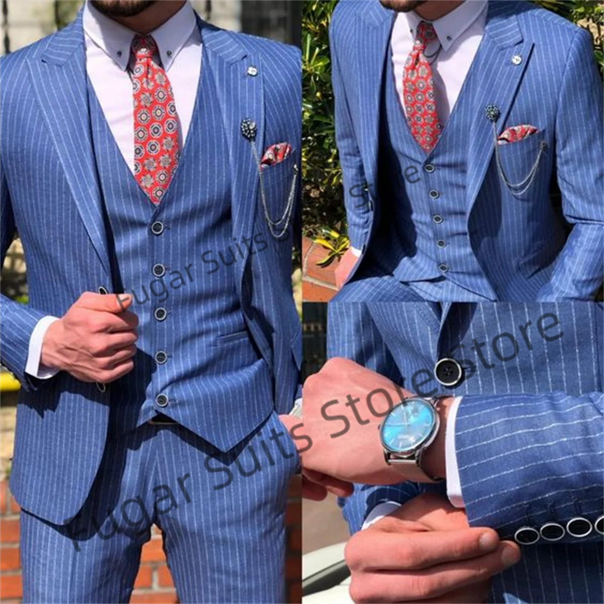 Office Work Blue Pinstripe Suits For Men Slim Fit Peak Lapel Wedding Groom Tuxedos Business3Pieces Sets Traje Formal Para Hombre