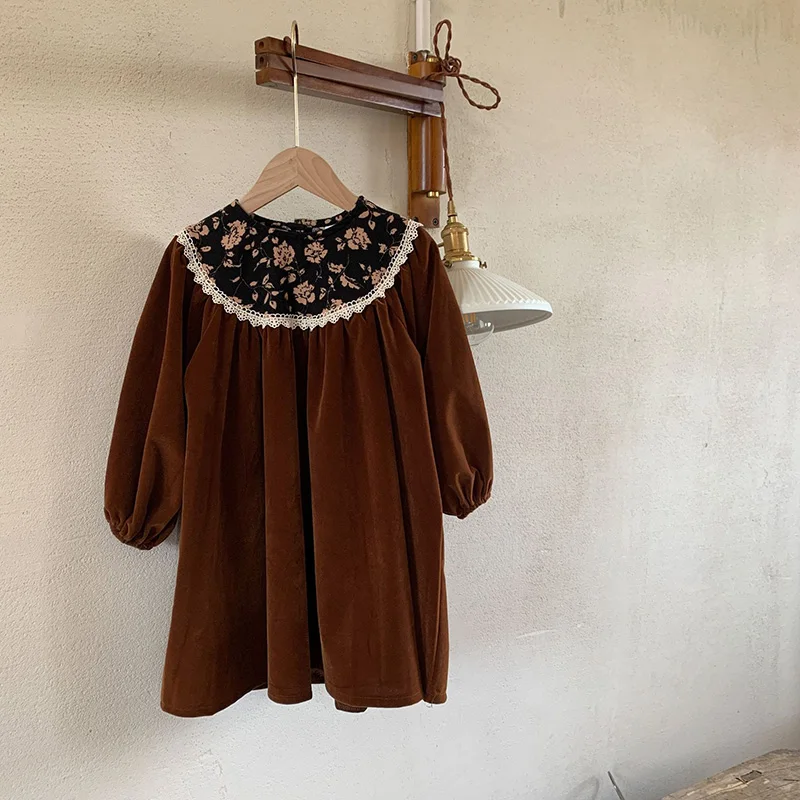 Autumn Velvet Kids Long Dress for Girls Floral Round Collar
