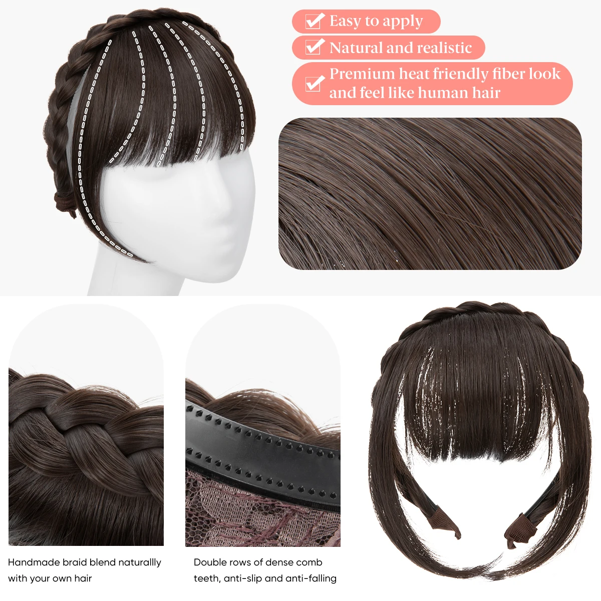 Synthetic Headband Bangs Extension Fake Hair Blunt Fringe with Long Sides For Women Natural Flase Black Brown Hairpiece B12