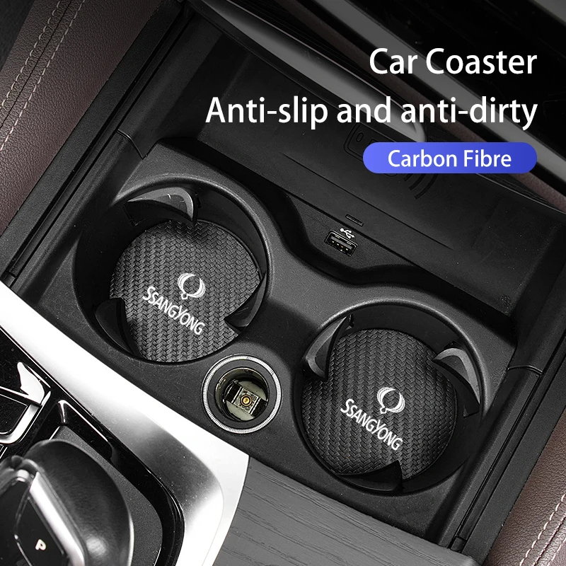 Car carbon fiber water coaster non-slip mat 2Pcs for SsangYong Actyon Korando Rexton Kyron Rodius Tivoli Musso Chairman