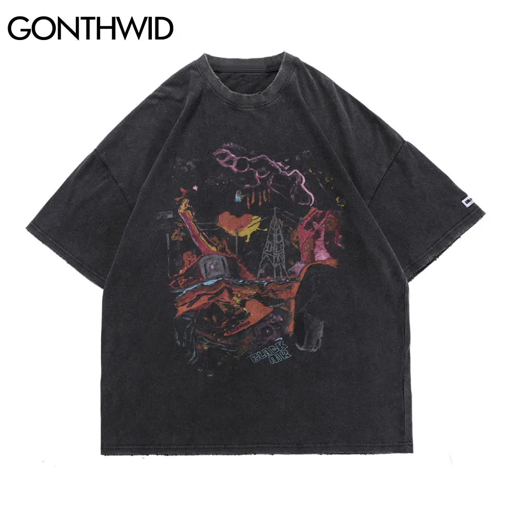 

GONTHWID Oversized T-Shirts Hip Hop Distressed Graffiti Punk Rock Gothic Tee Shirts Streetwear Harajuku Hipster Short Sleeve Top