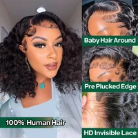 Perruque Bob à ondulations profondes en cheveux humains, perruques Lace Front pour femmes noires, perruques en cheveux humains avec dentelle invisible, densité 200, 13x4 # 1B Noir naturel 2