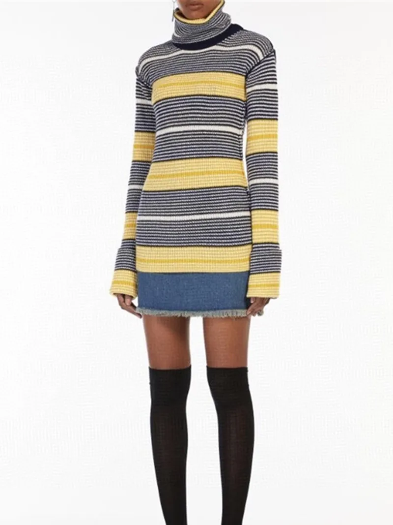

2022 Fall Winter New Women's Turtleneck Striped Sweater Long Sleeve Casual All-Match Loose Mid-Length Lady Knit Pullover Tops