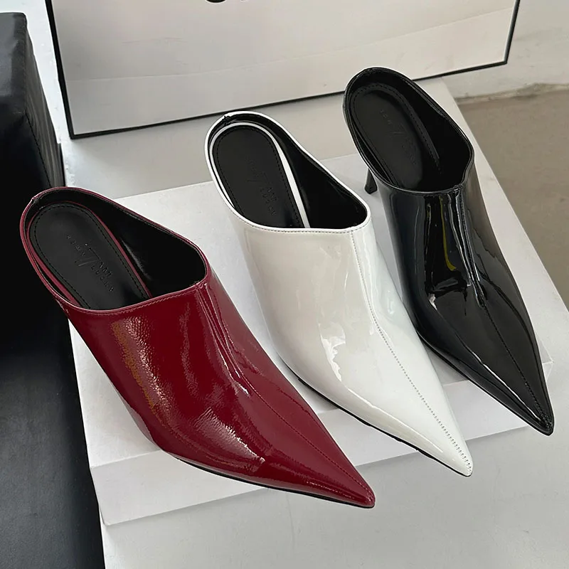 Red Footwear Slip On Women Stiletto Heels Shoes Mules Female Slides Fashion Pointed Toe Party Wedding Ladies High Heels Shoes 2