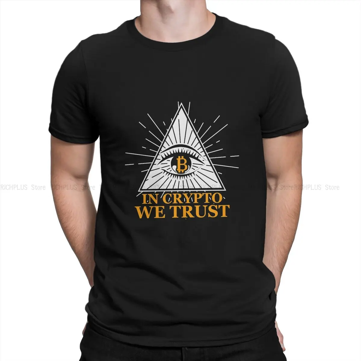 

Bitcoin Crypto Men's TShirt In Crypto We Trust Eyes Individuality T Shirt Original Streetwear New Trend
