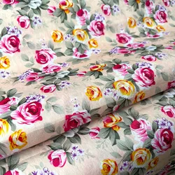 Rose Floral Printed Polyester Cotton Fabric for Quilting, Sewing, and DIY Crafts (Beige)
