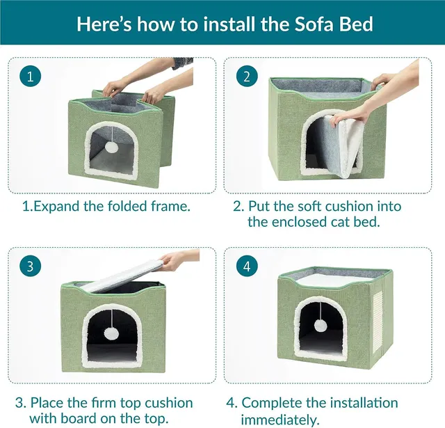 Large Cat Bed with Fluffy Ball Hanging and Scratch Pad Double Layered Foldable Cat Beds for Indoor Cats Sleeping All Seasons 6