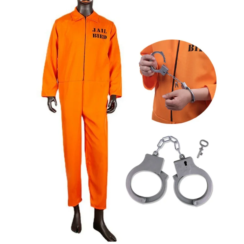 

Purim suit Men Prisoner Convict Costume Halloween Chirstmas Orange Criminal Jailbird Inmate Shirt Carnival Overall Jumpsuit
