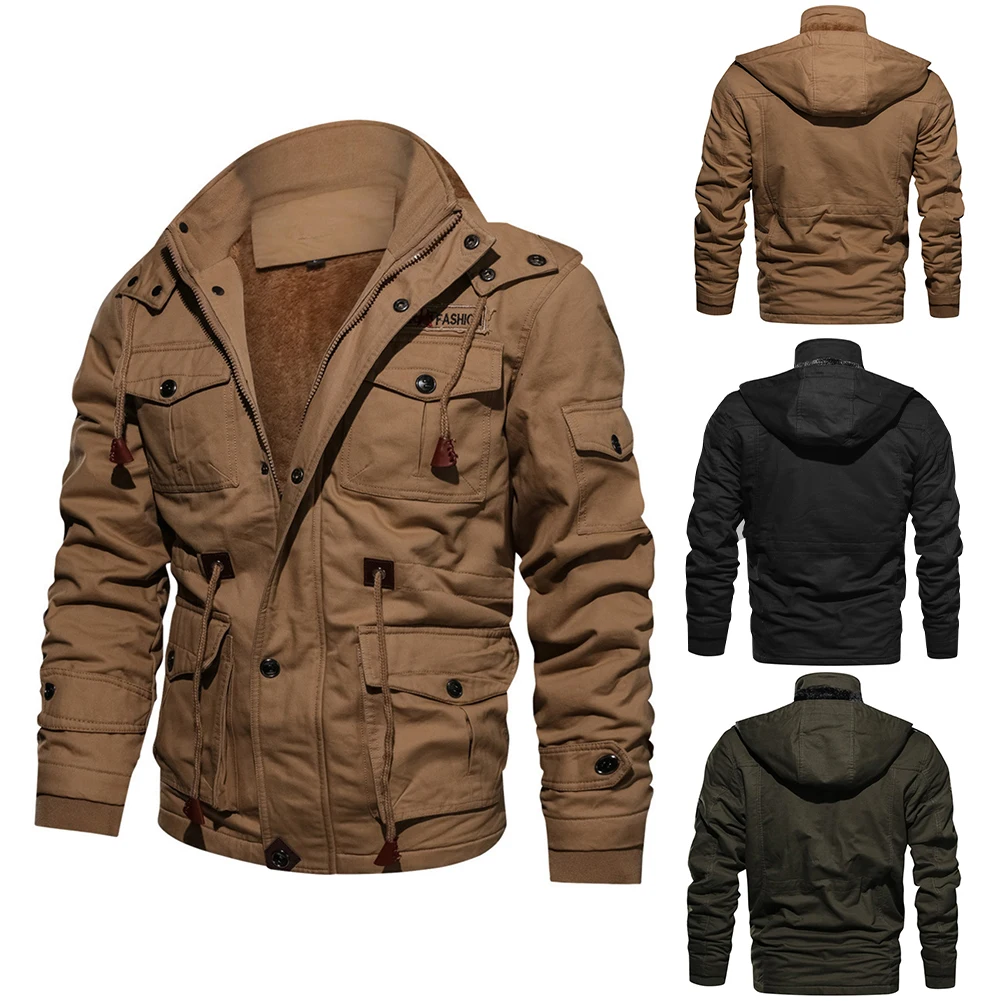 

Men Fleece Jacket Cargo Casual Hoodied Coat Outwear Windbreaker Long Sleeve Top Mid-length Coats Warm Jackets