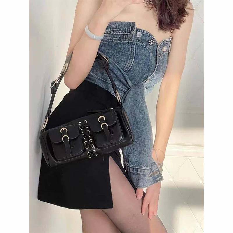 

Vintage Y2K Cool Girls Underarm Bag Fashion Women's Shoulder Crossbody Bags Strappy Duffel Handbags Cylinder PU Leather Purse