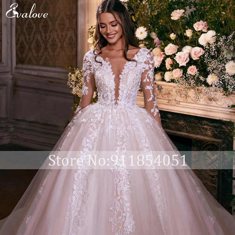 winter wedding dresses EVALOVE Charming V-Neck Backless Full Sleeve Ball Gown Wedding Dress 2022 Gorgeous Appliques Chapel Train Princess Bridal Gown beach wedding dresses