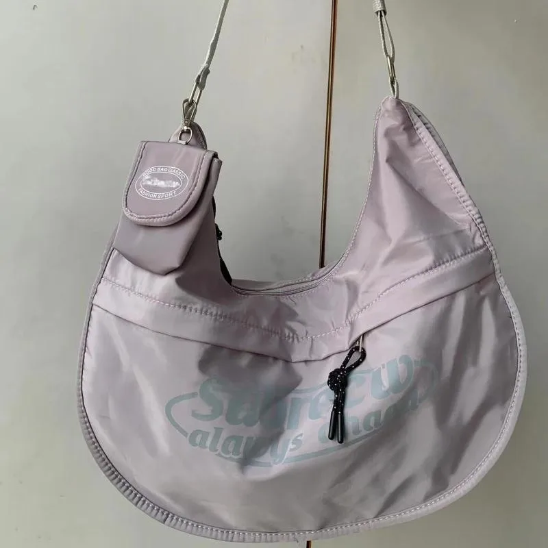 Purple Letter Print Shoulder Bags Women Sporty Vibrant Large Capacity Tote Bag Ladies Trendy Half Moon Versatile Crossbody Bag