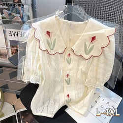 Shirts Women L-4XL Peter Pan Collar Flower Cropped Retro Kawaii Prairie Chic Summer Design Vintage Basic All-match Ulzzang Mujer