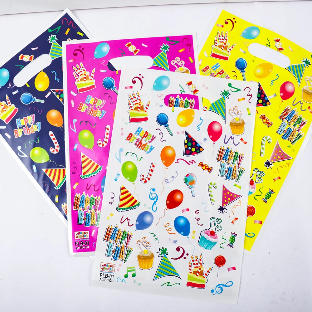 20Pcs 다채로운 플라스틱 생일 축하 선물 포장 가방 어린이를위한 캔디 쿠키 토트 백 생일 베이비 샤워 파티 호의 가방