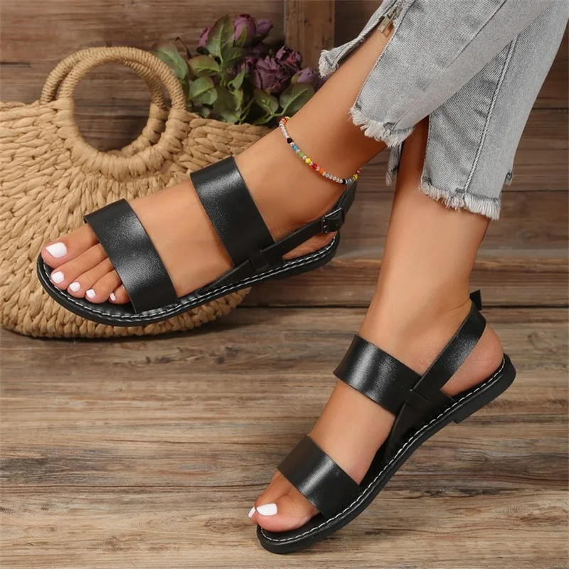 

2023 Summer New Flat Bottom Sandals Women's Large Roman Sandals Waterproof Platform Leather Top Soft Sole