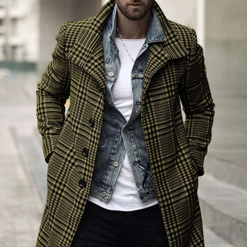 Checkered Lapel Wind Coat Men Loose Comfortable Retro Fashionable Versatile Single Breasted Autumn Winter New Mid Length Jacket