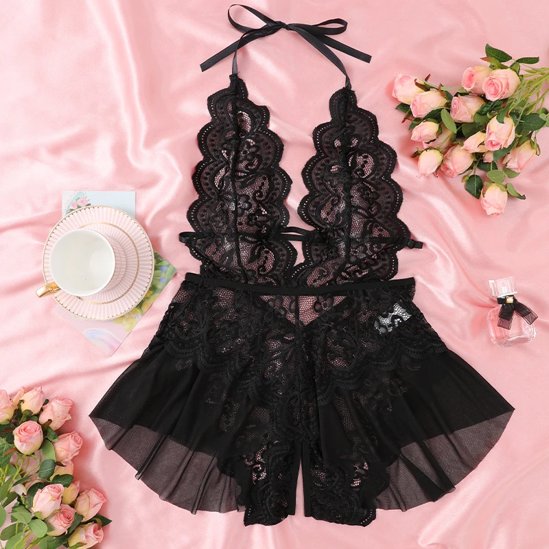 Crotchless Lace Women's See-through Sexy Lace-Up Bow Spliced Strap Jumpsuit Hollow Erotic Lingerie Bodysuit Shapewear Backless