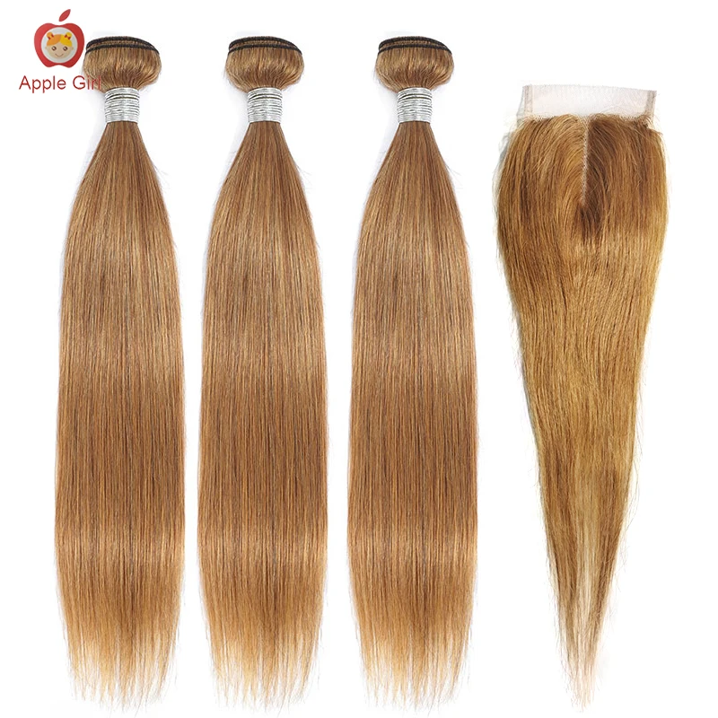 

#27 Honey Blonde Human Hair Bundles With Closure Transparent Lace Closure With Bundles Applegirl Brazilian Straight Hair