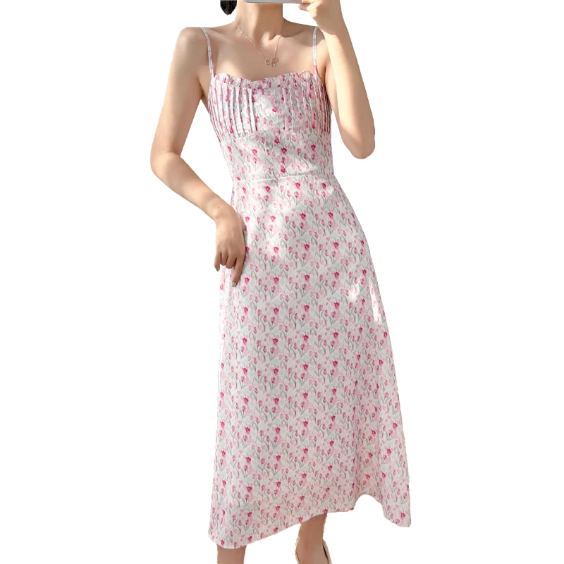 

2023 French Fashion Lady Dress Chiffon Printing Sleeveless Strap Slim Waist Large Hem Design