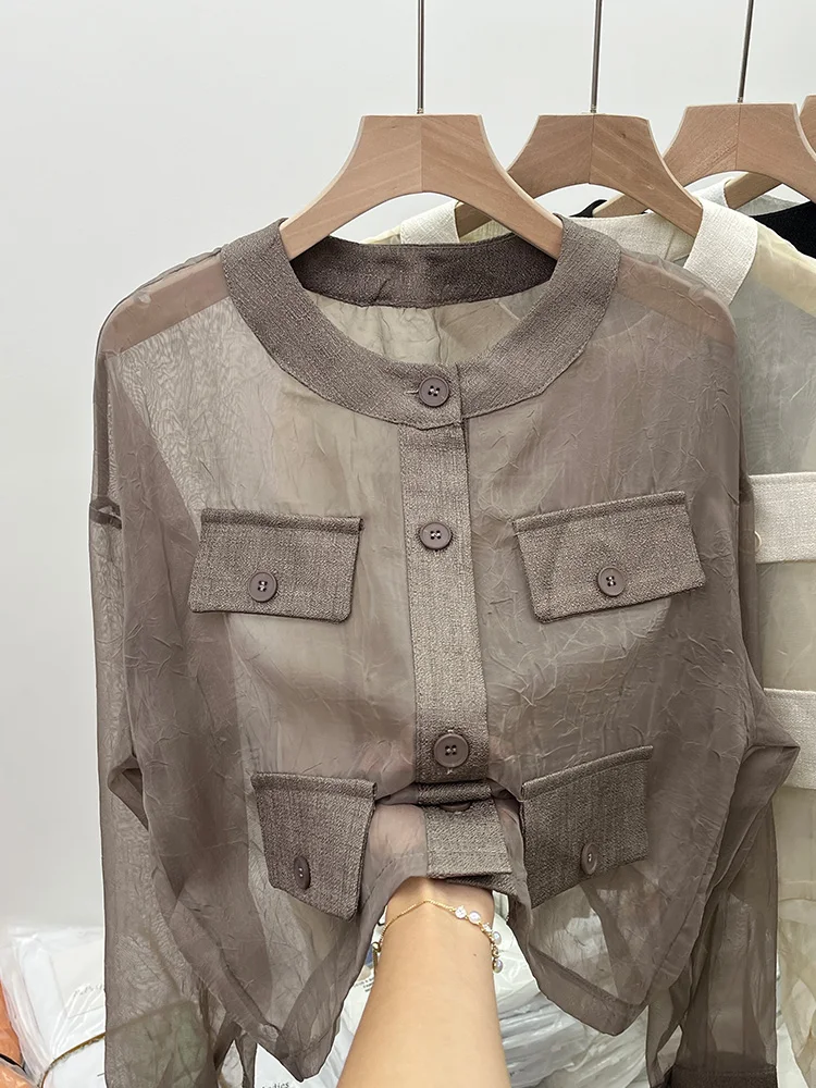 

Women's Shirt and Blouse Y2k Vintage Korean Style Khaki See-through Shirt Harajuku Casual Elegant Fashion Long Sleeve Shirt 2023