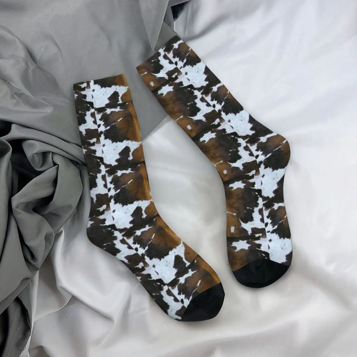 

Cool Cowhide Patchwork Tan And White Texture Basketball Socks Polyester Long Socks for Women Men Breathable