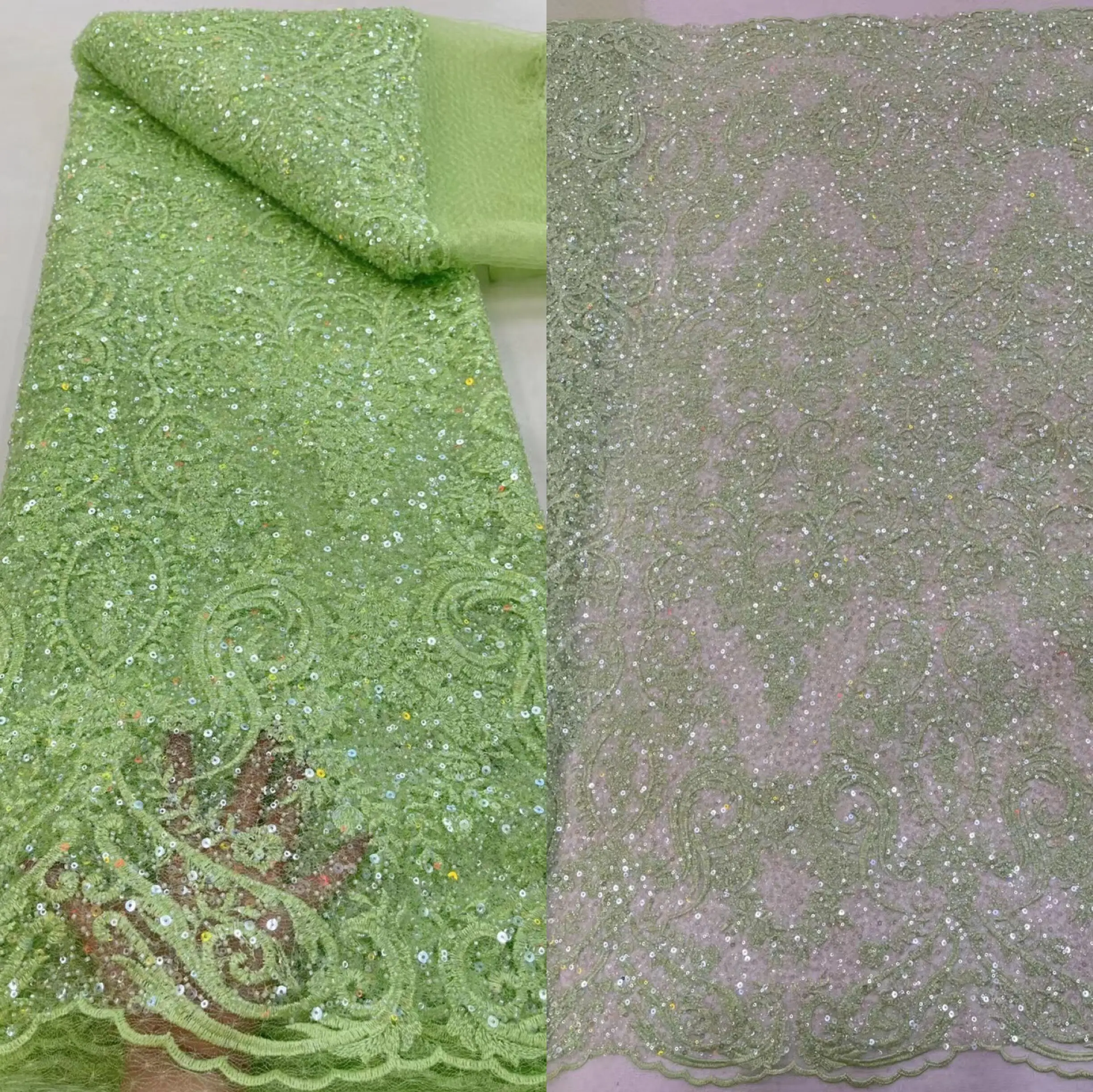 

Sequins Embroidery French Mesh Lace Fabric SYJ-1219684 African Handmade Beads Tulle Lace Fabrics for Party